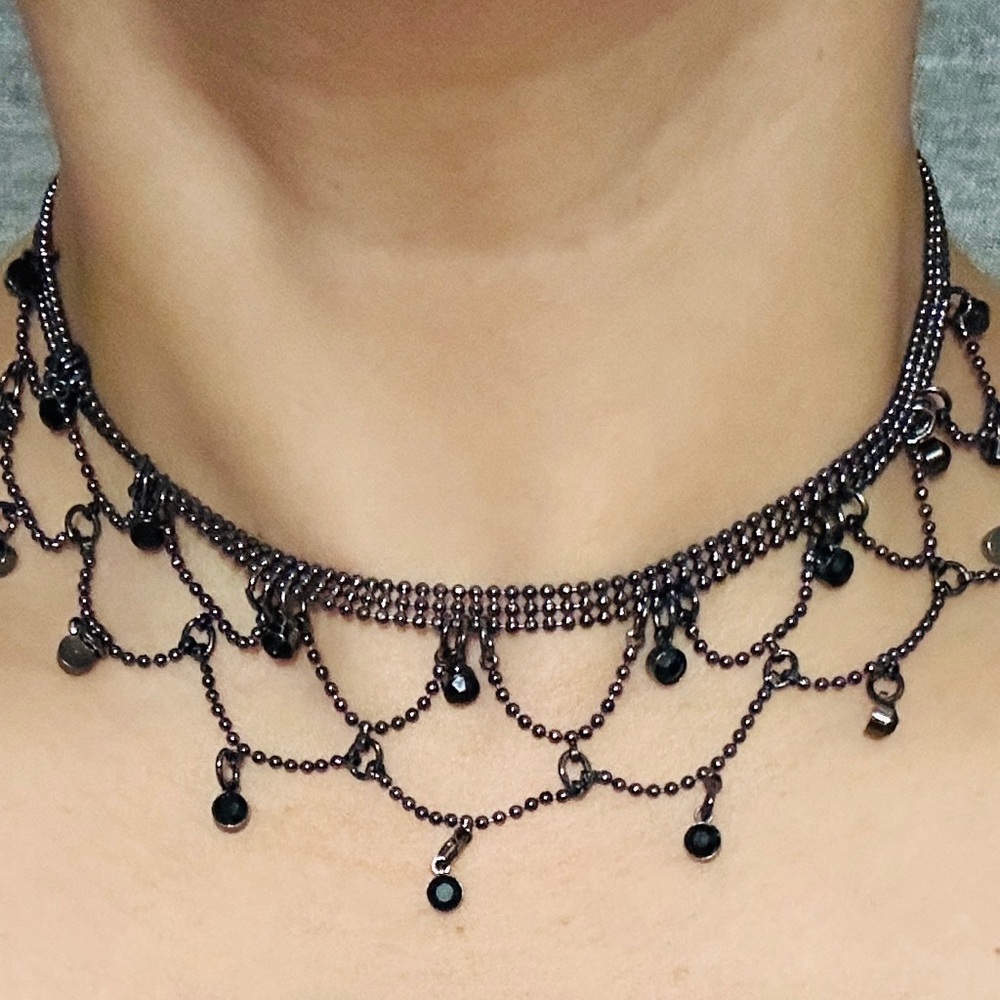 Guess Brand Japanned Black Faceted Glass Rhinestone Drop Bib Choker Necklace